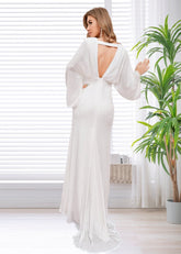 Gloria | White Sheath V Neck Long Sleeve Corset Wedding Reception Dress with Backless - Price #price_variant_lowest# - White - PromDressClub